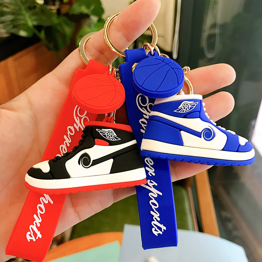 Fashion 3D PVC Rubber Aj Shoe Basketball Sneakers Keychain Wholesale Key Bag Doll Pendant Key Ring with Wrist Strap Girl Gift