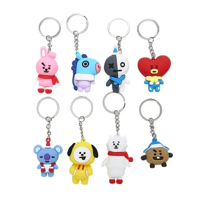 무료 샘플 빠른 배송 한국 Kpop Bt21 고무 키체인 애니메이션 3D Bts 키체인